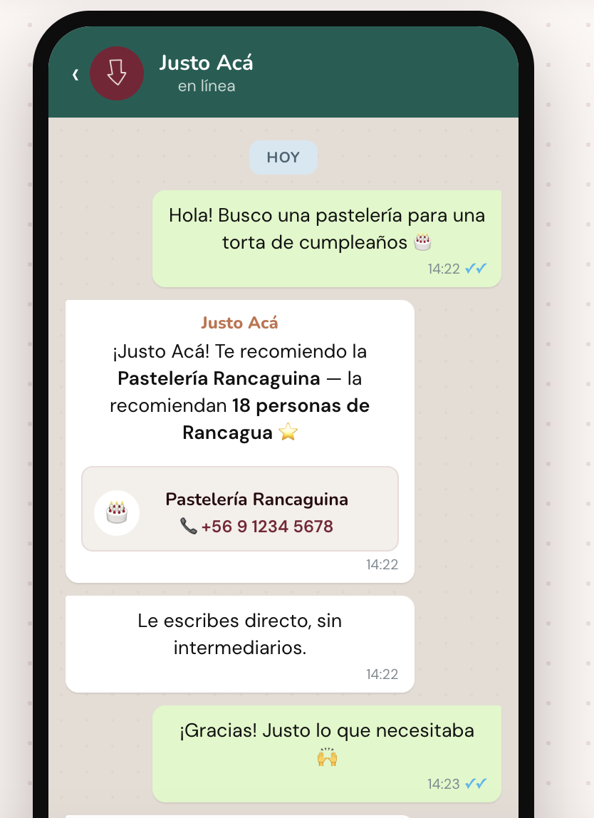 Conversación de WhatsApp donde Justo Acá recomienda un negocio